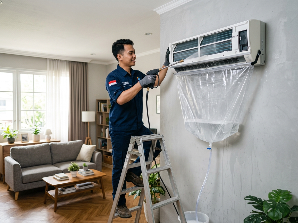 Cuci steam AC indoor menggunakan plastik pelindung rapi